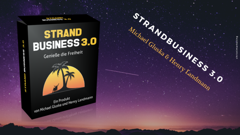 Das Strand Business 3.0 - Online-Business für Affiliate- und Nischen-Marketing. Produktbild mit dem Strand Business 3.0 Logo und dem Slogan "Profitables Online-Business leicht gemacht".